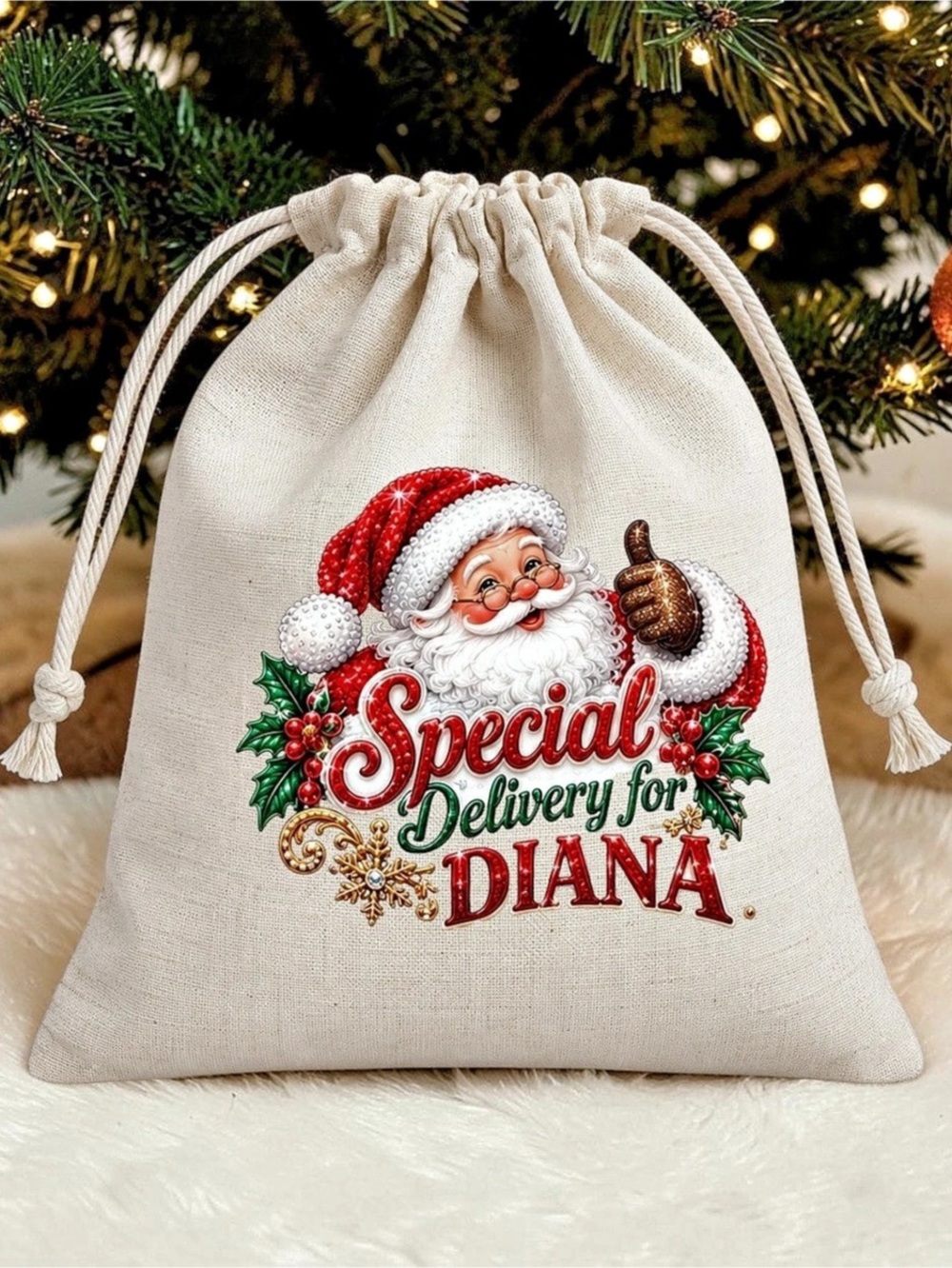 Personalized Christmas Fabric Gift Bag 10x14 Cotton Custom Name Choose Design